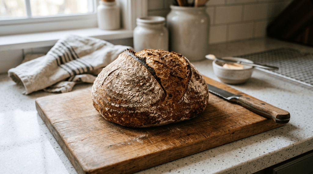 Rustic sourdough loaf on a wooden cutting board with a bread knife