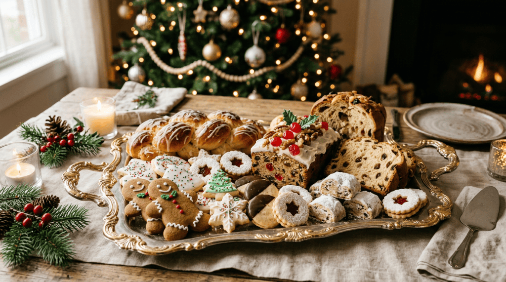 Christmas cookies and breads arranged on an ornate serving tray